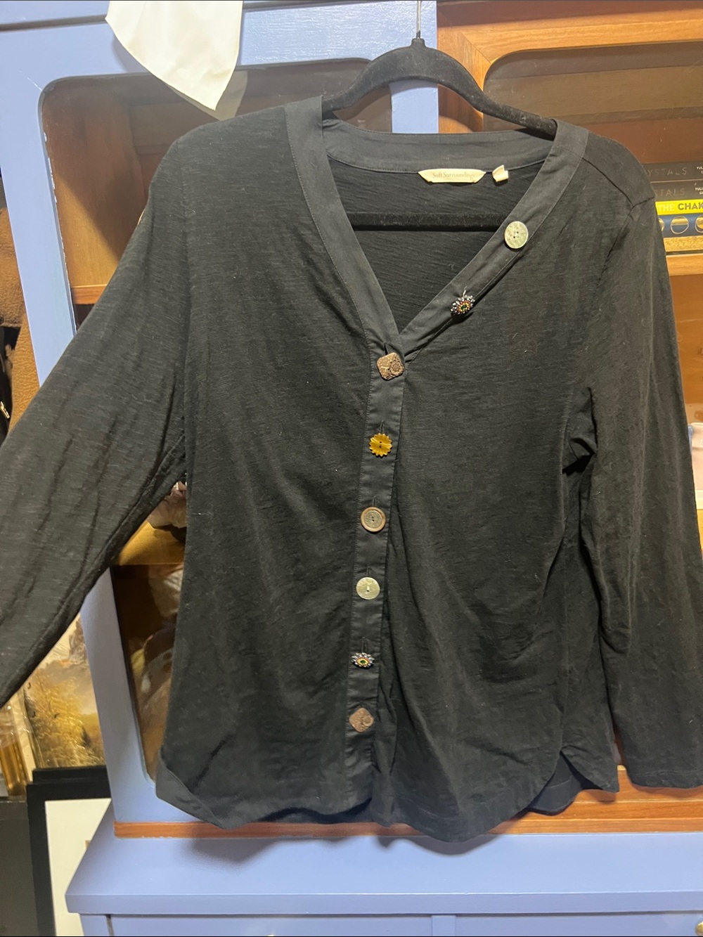 Soft Surroundings Black Button-Front Long Sleeve Top with Mixed Buttons